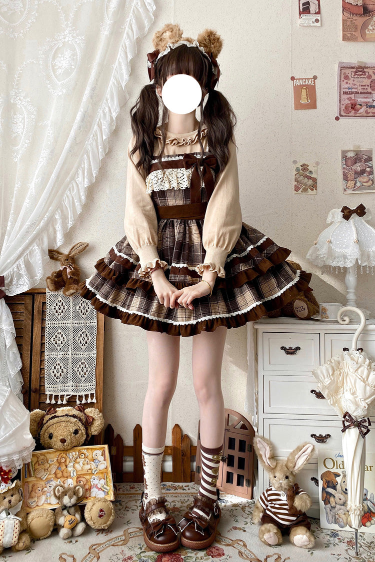 Brown Caramel Cocoa Double-Layered Print Ruffle Bowknot Sweet Lolita Jsk Dress