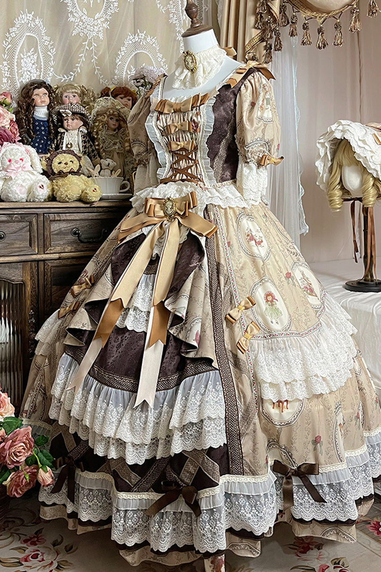 Brown Baker Street Tea Party Short Sleeves High Waisted Print Ruffle Embroidery Cardigan Bowknot Lace-Up Classic Vintage Princess Lolita Dress