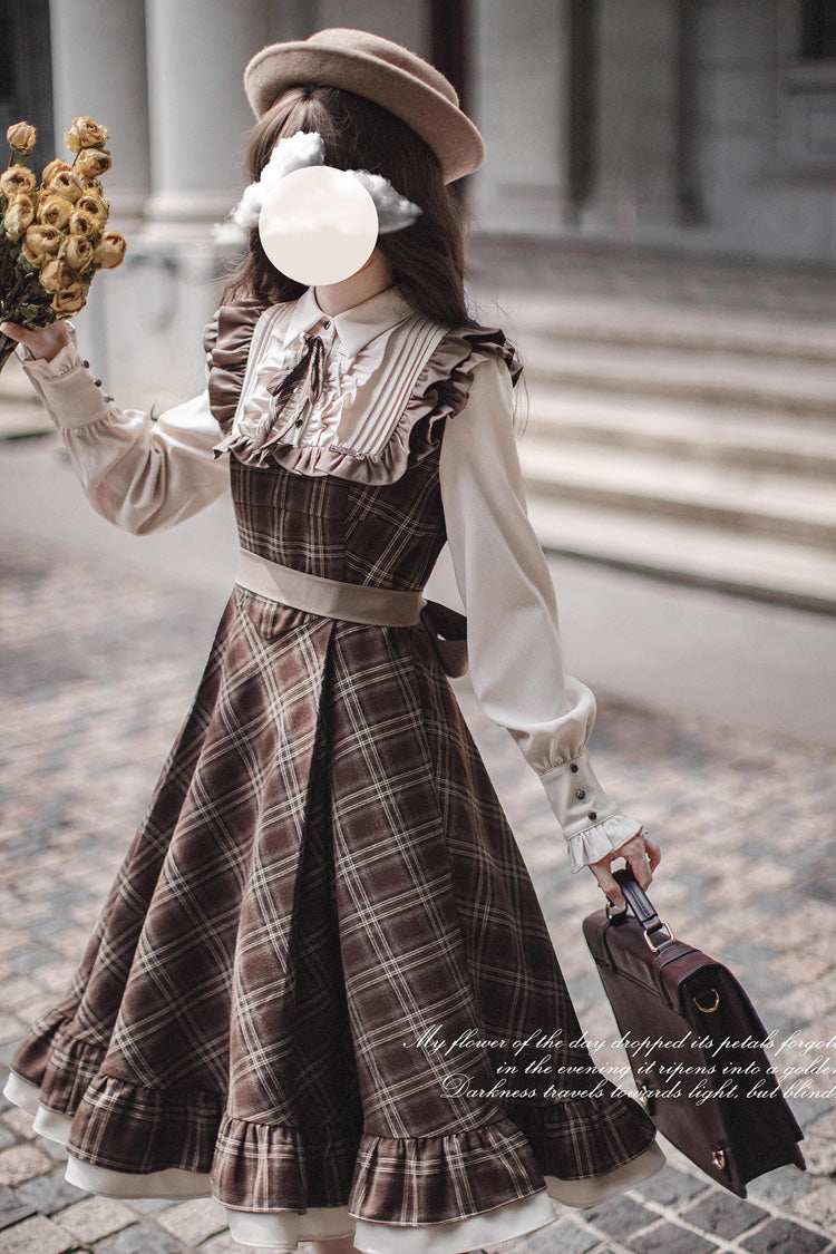 Brown The Thames at Dusk Print Long Sleeves Ruffle Fake Two Pieces Vintage College Style Lolita Dress