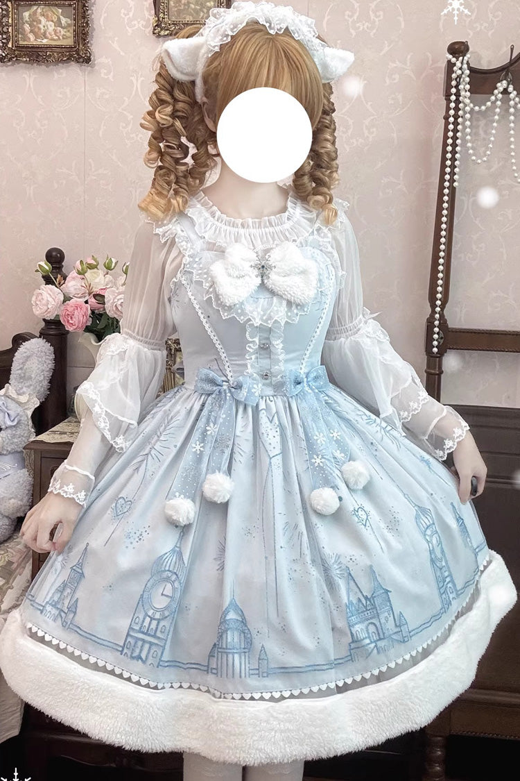 Blue Snow Castle Sleeveless Printed Embroidered Bow Lace Sweet Lolita Jsk Dress