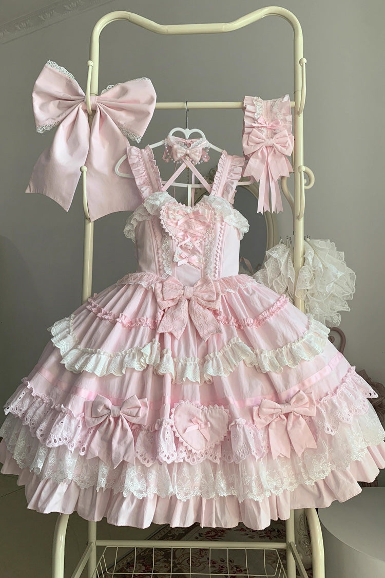 Pink Super Cute Belia Sleeveless Triple-Layered Ruffle Bowknot Lace Sweet Elegant Lolita Jsk Dress