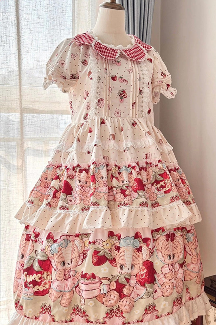 Ivory Bear Strawberry Ode Print Short Sleeves Double-Layered Ruffle Bowknot Sweet Princess Lolita Jsk Dress