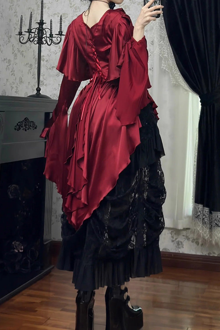 Echoes of the Deep Sea Long Hime Sleeves Ruffled Bow Lace-Up Gothic Ouji Lolita Blouse 4 Colors