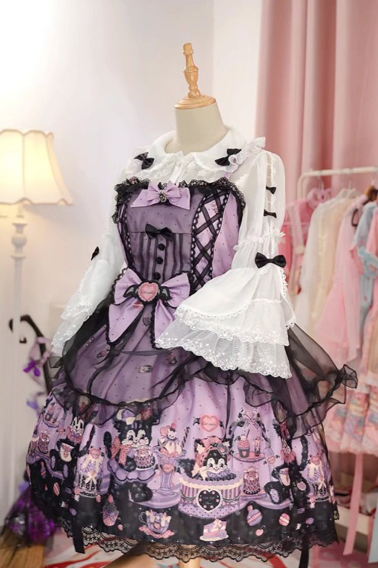 Purple Devil Cat Print Ruffle Bowknot Lace Gothic Lolita Jsk Dress (Plus Size Support)