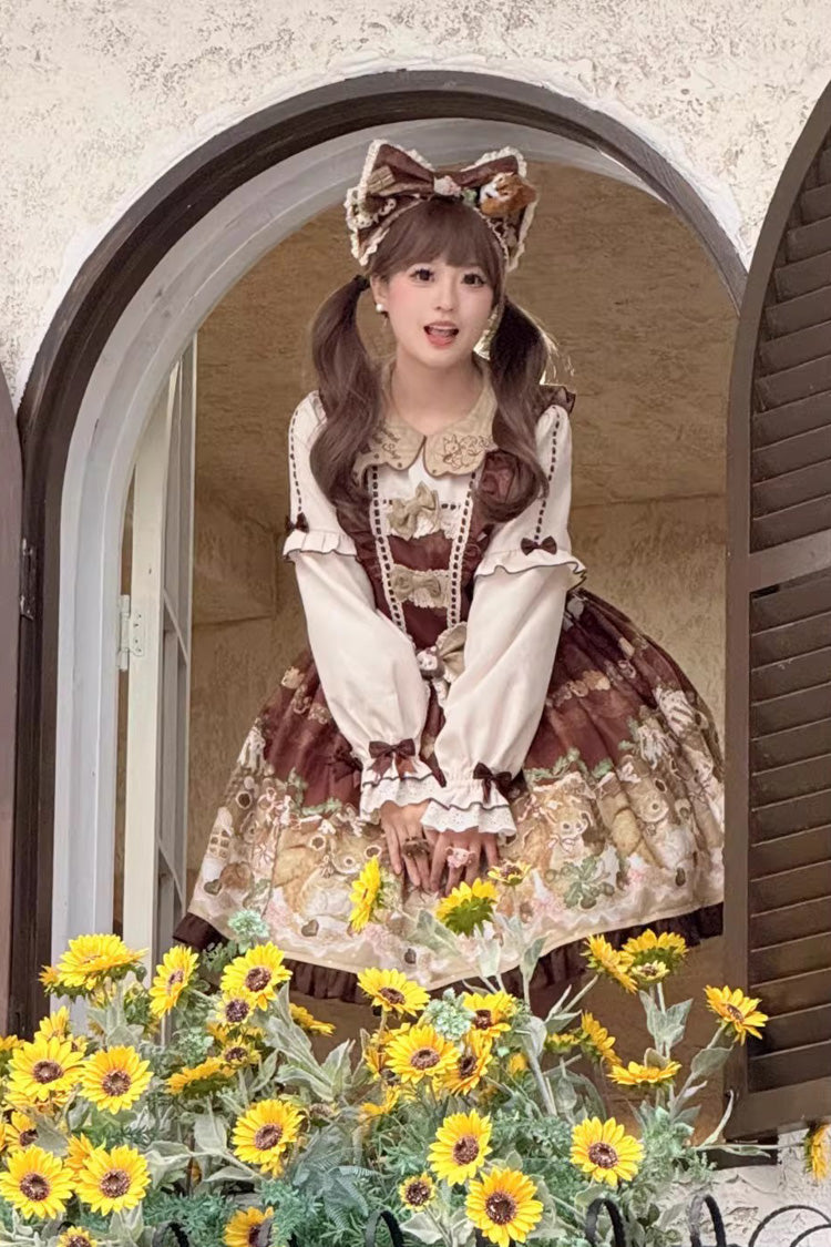 Brown Squirrel Chocolate Shop Doll Collar Long Sleeves Printed Ruffled Bow Sweet Lolita Dress