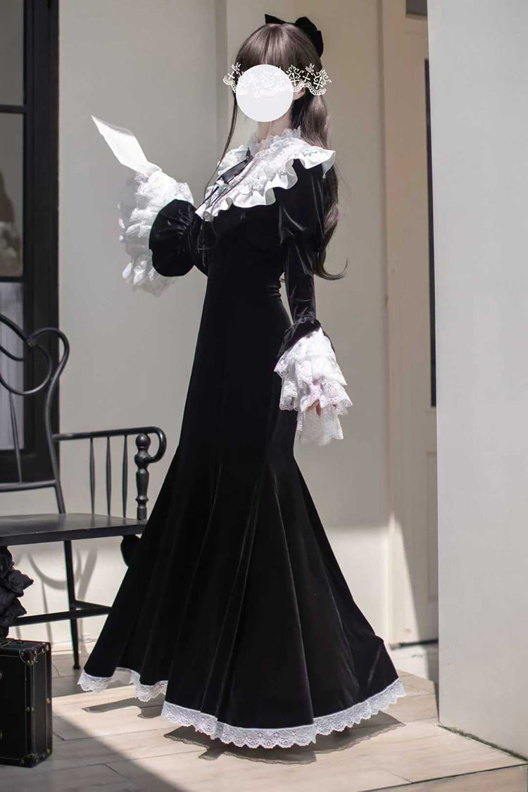 Black Raven-Feather Poetic Letter Velvet Long Hime Sleeves Ruffle Bowknot Gothic Elegant Lolita Fishtail Dress