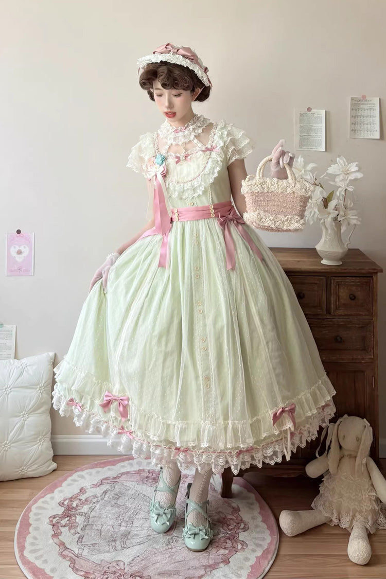 Green Sakura's Spring Resonance Sleeveless Ruffled Bow Sweet Lolita Jsk Dress (Long Version)