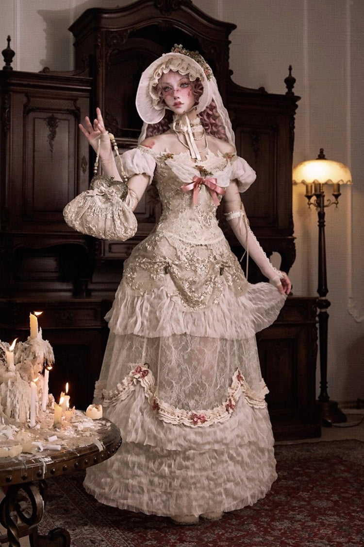 Light Brown Cupid's Poetry Box Ruffle Embroidery Bowknot Lace Classic Elegant Lolita Long Skirt