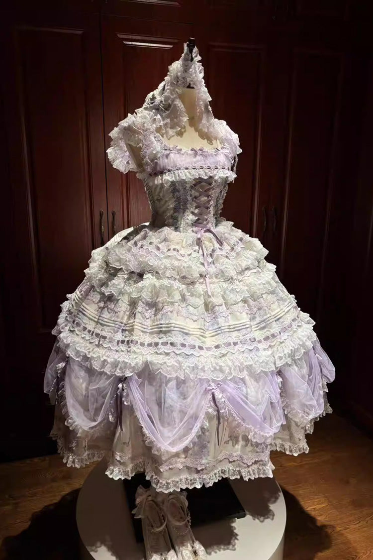 Purple Wisteria Sleeveless Multi-Layered Hanayome Bow Lace Lace-Up Sweet Gorgeous Lolita Jsk Dress Set