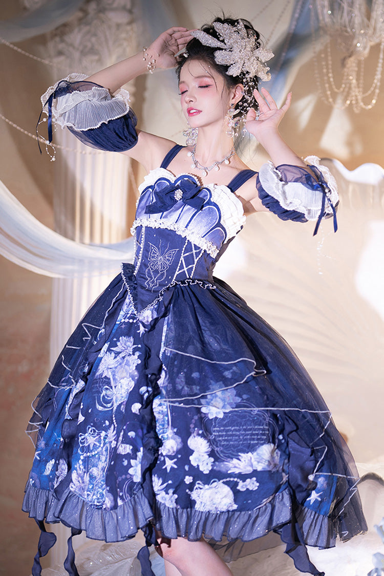 Blue Deep Sea Jellyfish Print Ruffle Lace Sweet Elegant Lolita Jsk Dress