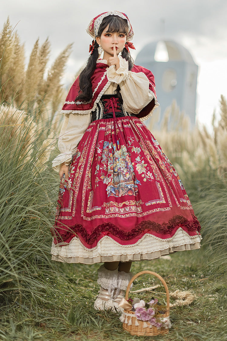 Wine Red Ode to Plenty Berries and Birds Print Ruffle Bowknot Velvet Classic Lolita Breast Support Jsk Dress