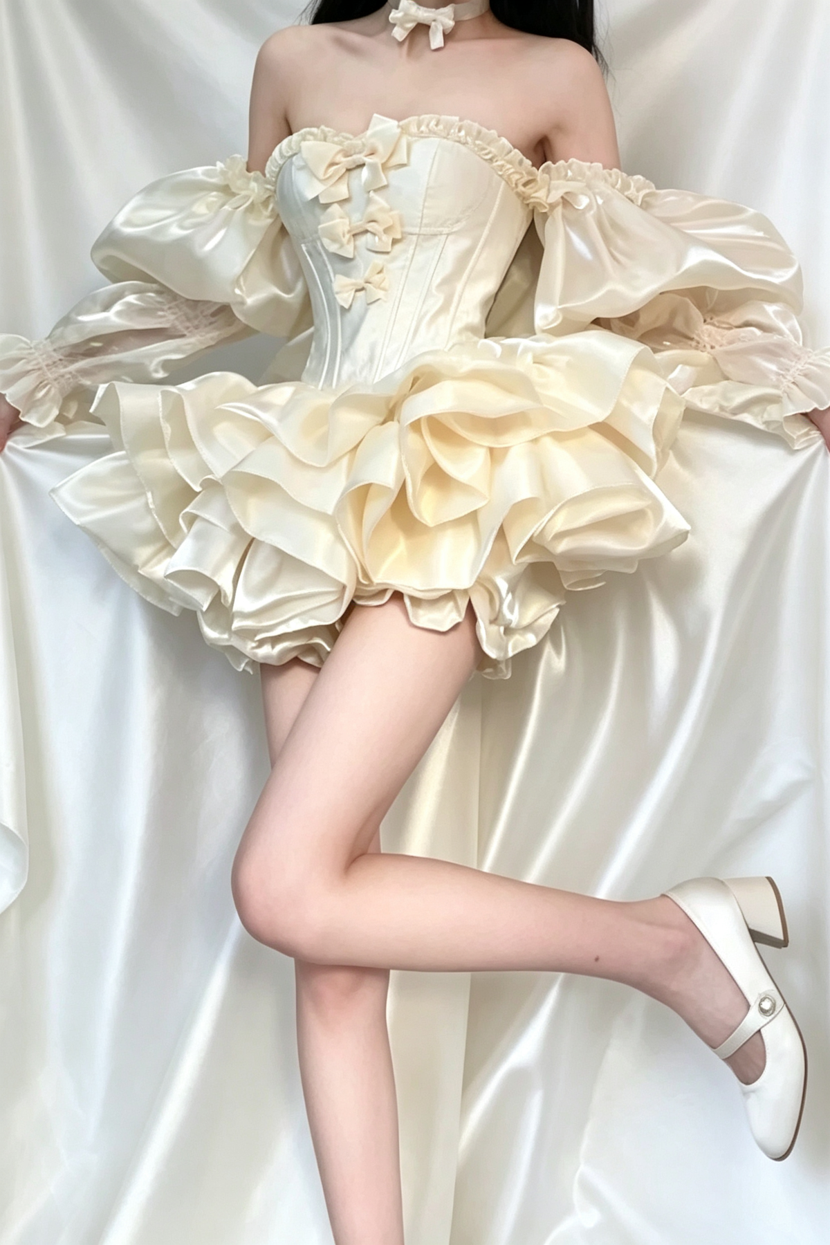 Cream Gold Long Sleeve Ruffled High-Low Train Bowknot Sweet Princess Hime Lolita JSK Dress
