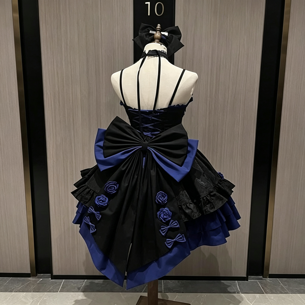 Black/Blue Print Ruffle Bowknot Gothic Princess Lolita Jsk Dress