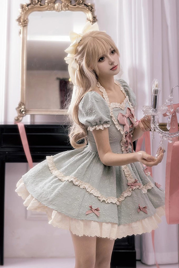 Heart-Beating Love Song Short Sleeves Ruffle Bowknot Lace-Up Sweet Lolita Dress 2 Colors