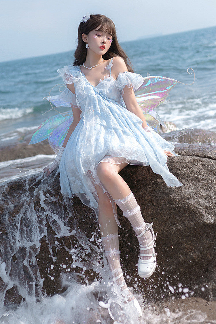 Blue Summer of Bubbles Sleeveless Ruffle Embroidery Lace Irregular Short Sweet Lolita Jsk Dress