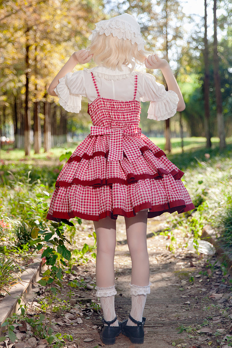 Red Cloth Cat Triple-Layered Plaid Print Ruffle Bowknot Sweet Lolita Dress