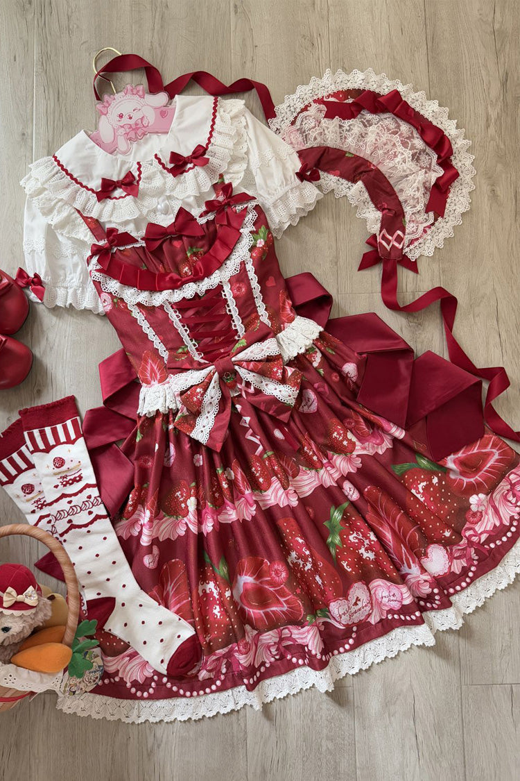 Sweet Berry Tale Strawberry Print Ruffle Bowknot Lace Sweet Lolita Jsk Dress 4 Colors