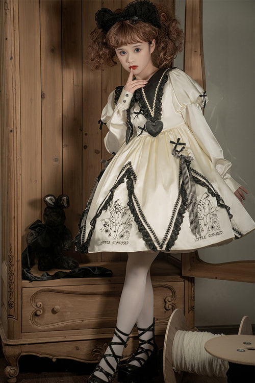Beige Doll Lapel Collar Long Sleeves Little Confused Print High Waisted Sweet Lolita OP Dress