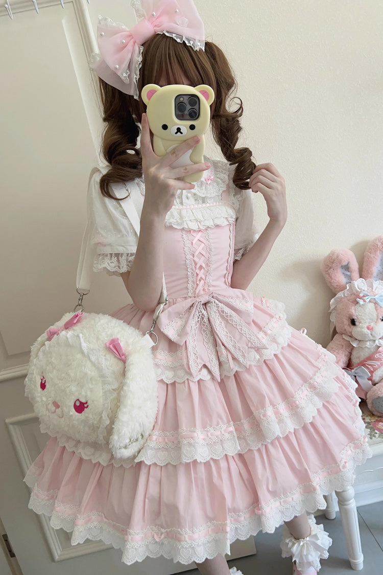 Pink Maiden Heart Triple-Layered Ruffle Bowknot Lace Sweet Lolita Jsk Dress