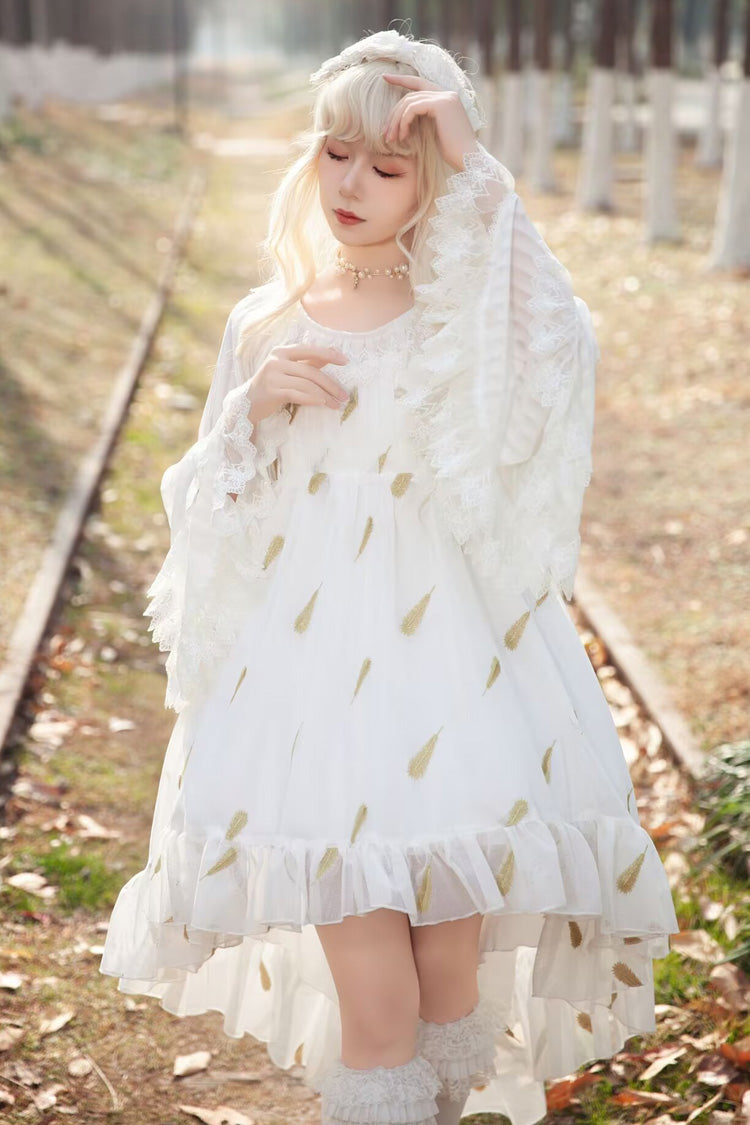 Feather Snowflake Embroidery Print Sleeveless Ruffle Bowknot Sweet Lolita Jsk Dress 3 Colors
