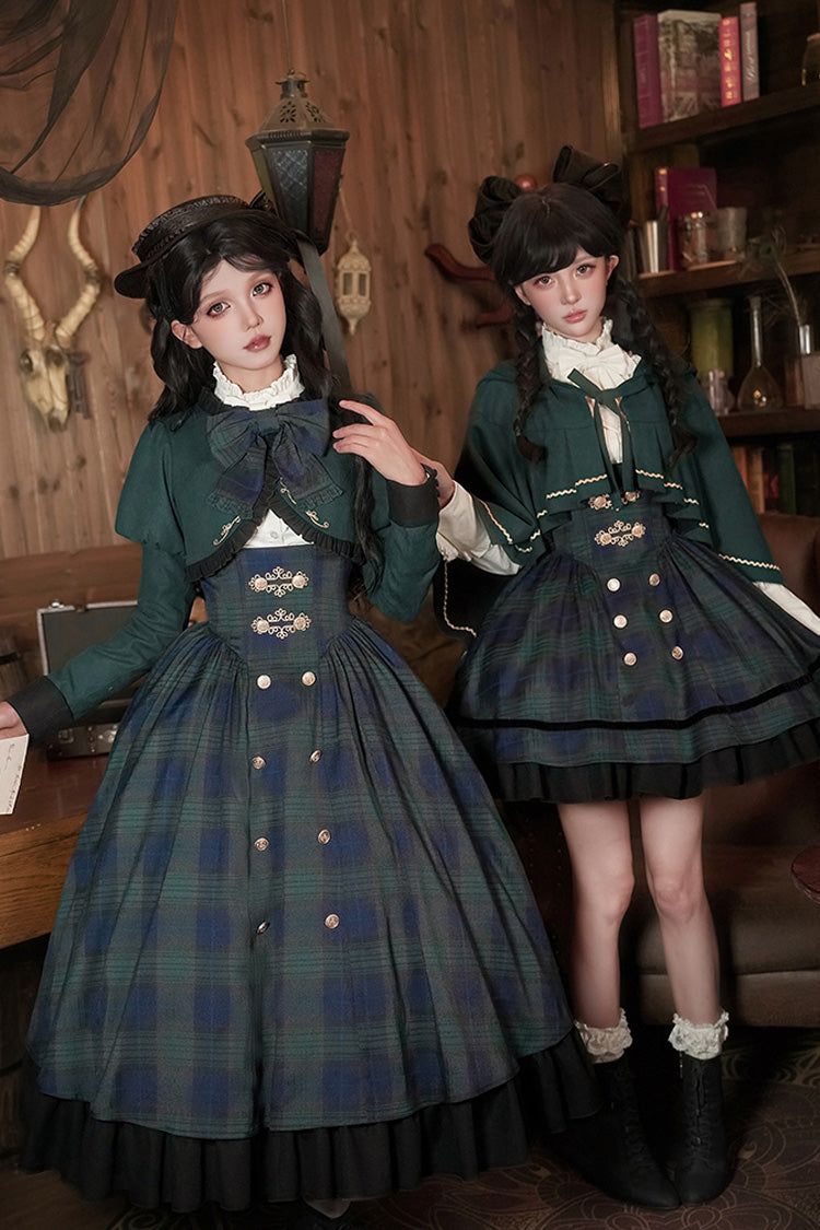 Blue/Green Berlin's letter Double-Layered Plaid Print Ruffle Bowknot Classic College Style Lolita Strap Dress Set 2 Versions