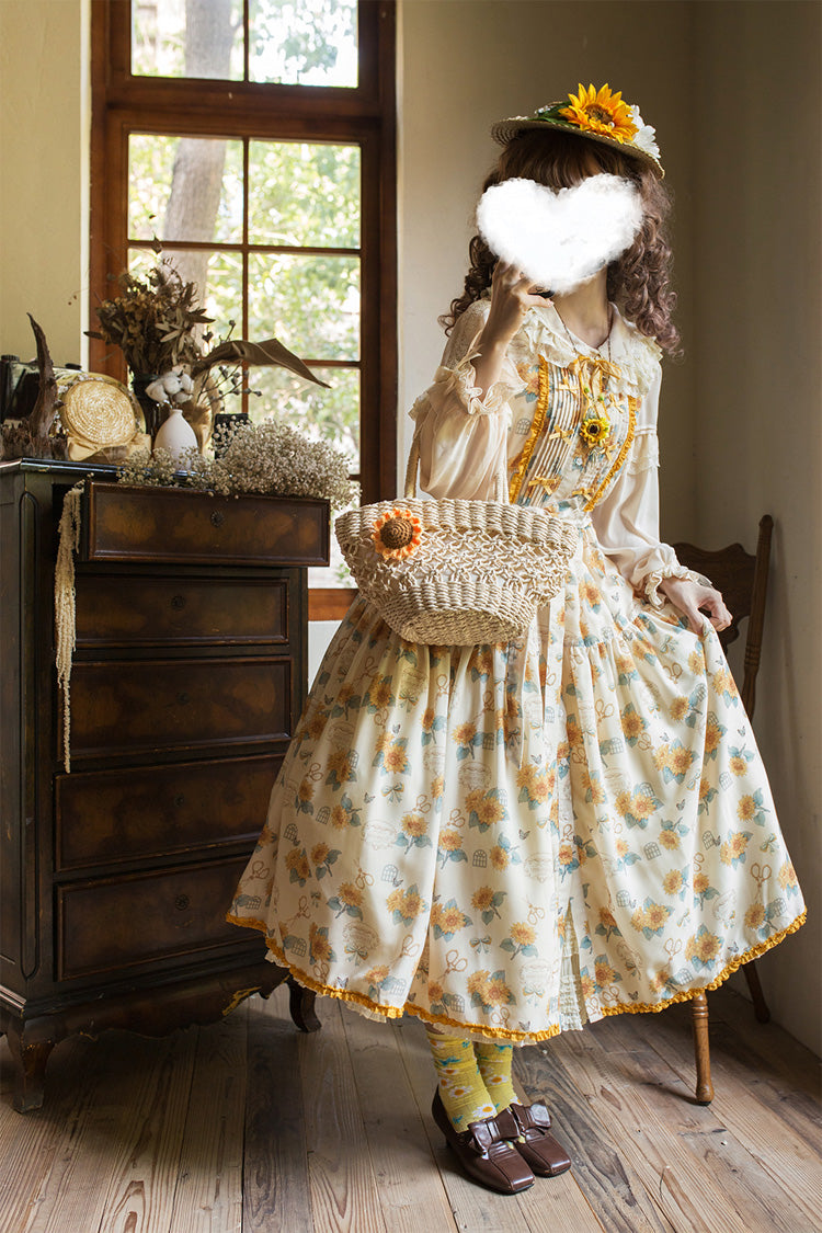 Apricot Gardening Sunflower Sleeveless Print Ruffle Bowknot Sweet Elegant Lolita Jsk Dress