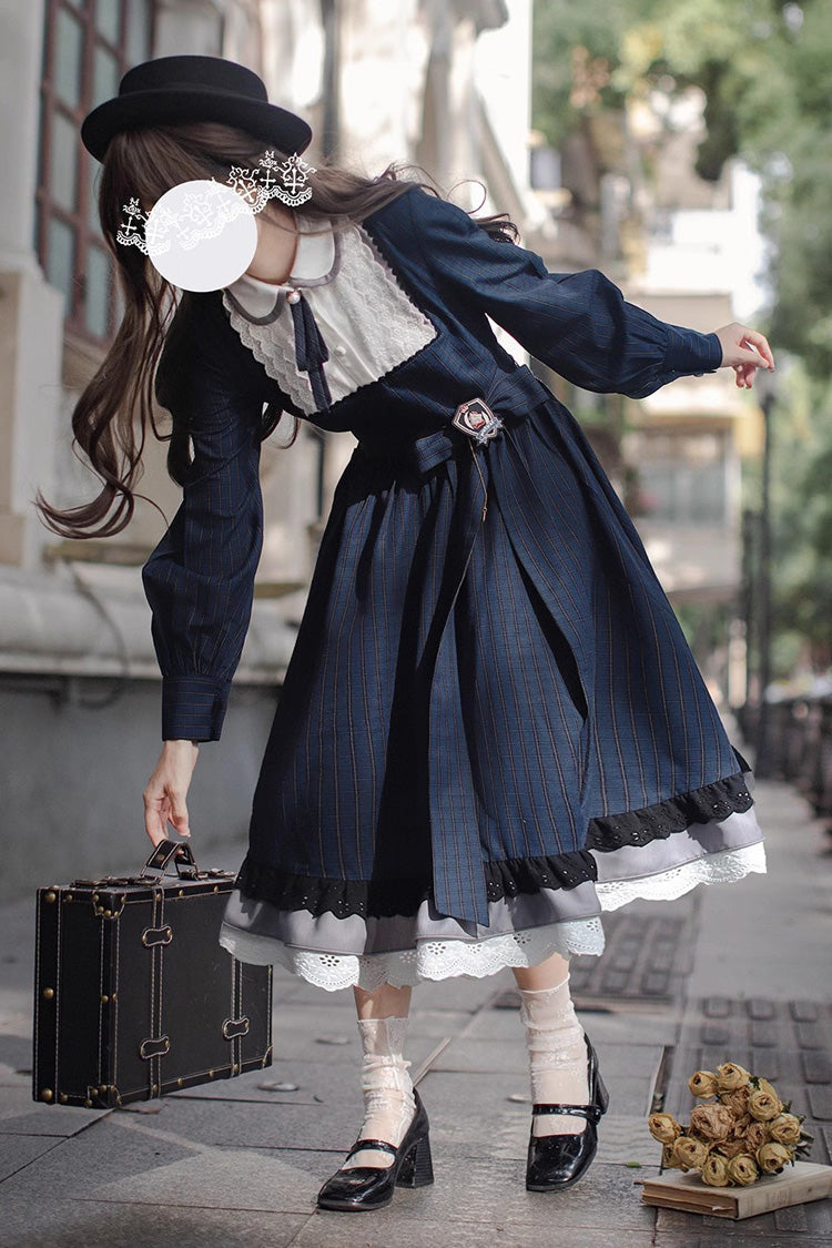 Dark Blue Phyllis Plaid Print Ruffle Bowknot Lace Vintage Elegant Lolita Dress
