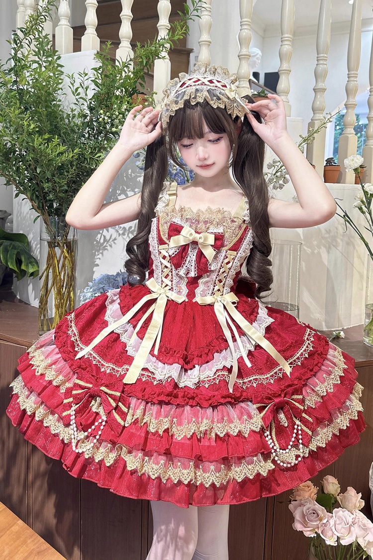 Red Gilded Memories Sleeveless Double-Layered Ruffle Hot Stamping Bowknot Lace Sweet Lolita Jsk Dress
