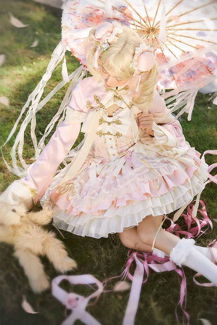 Pink White Pear Dream Multi-layer Ruffle Lace Sweet Chinese Style Princess Lolita Jsk Dress
