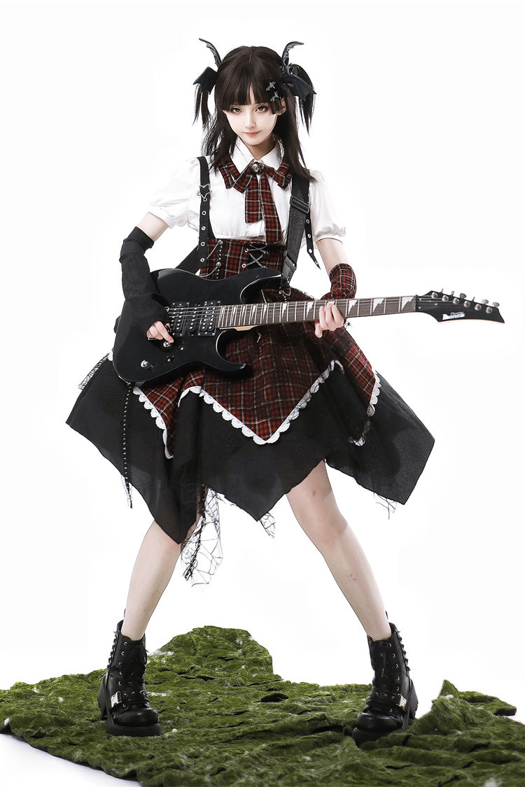Black/Red Soul Mantra Plaid Print Irregular Sweet Lolita Strap Dress