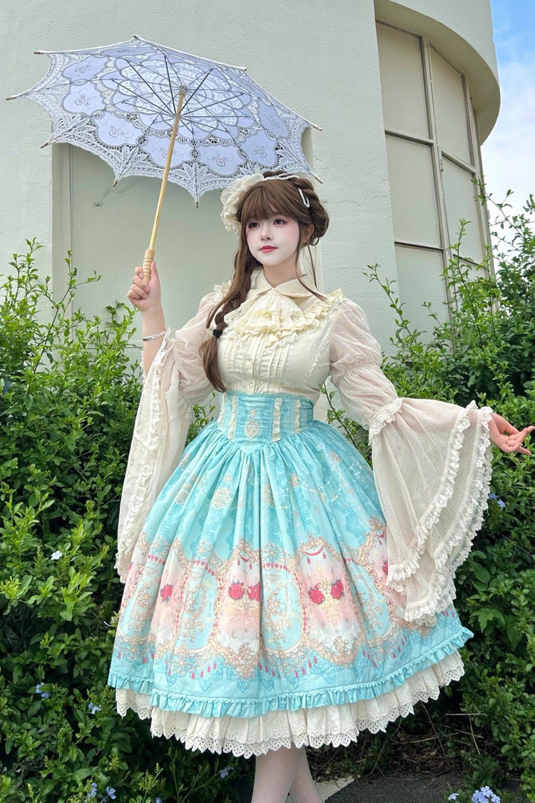 Blue Moonlit Garden Secret Print Ruffle Embroidery Lace Sweet Elegant Palace Lolita Skirt