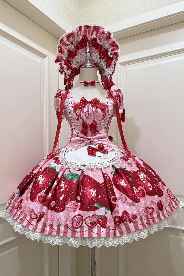 Dream to Strawberry Print Short Sleeves Ruffle Bowknot Lace Sweet Lolita OP Dress 4 Colors