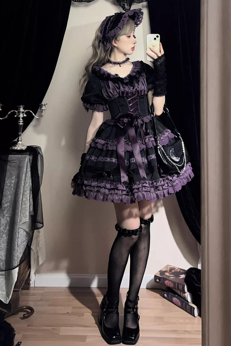 Black/Purple Layered Blackcurrant Short Sleeves Ruffle Bowknot Lace Sweet Lolita Dress