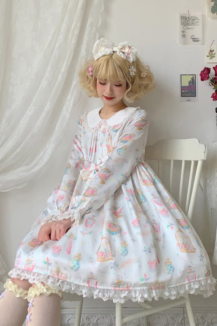White/Apricot Long Sleeves Print Bowknot Lace Sweet Plus Size Lolita Dress
