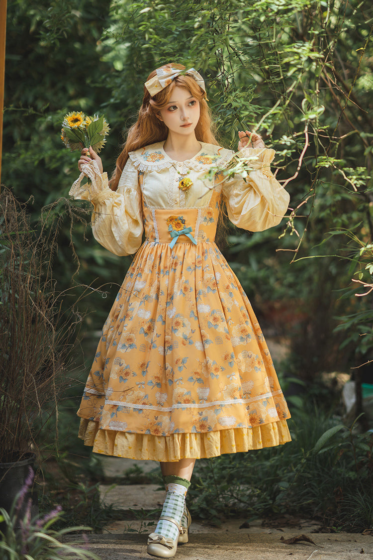 Yellow Gardening Sunflower Sleeveless Print Ruffle Bowknot Sweet Elegant Uplift Lolita Jsk Dress