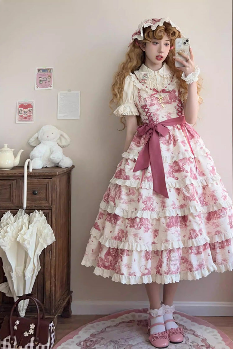 Rose Red Grape Moon Almanac Sleeveless Multi-Layered Printed Ruffled Bow Adjustable-Length Sweet Lolita Jsk Dress