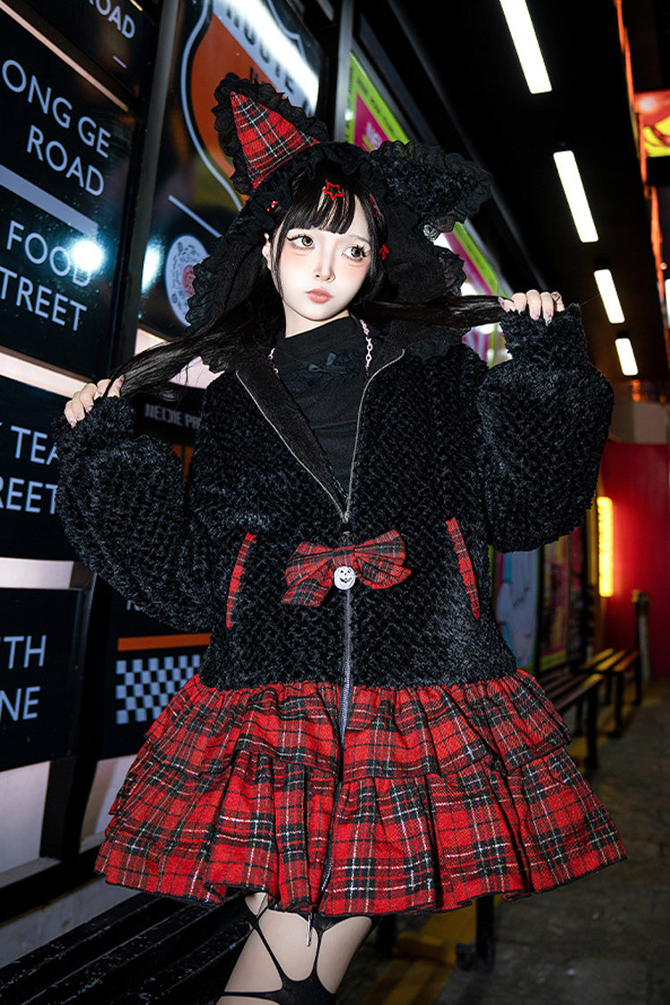 Black/Red Night Cat Plaid Print Ruffle Bowknot Hooded Sweet Lolita Skirt Coat
