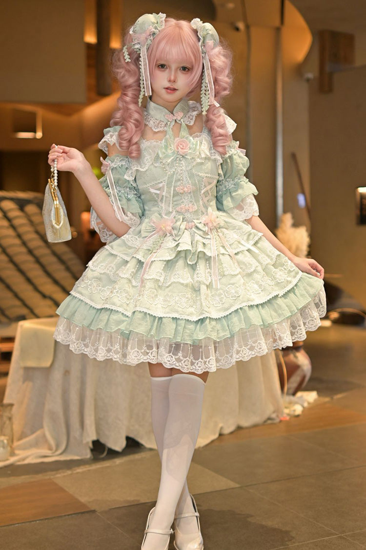 Green Rain of Peaches Sleeveless Multi-Layered Bowknot Lace Sweet Chinese Style Lolita Jsk Dress