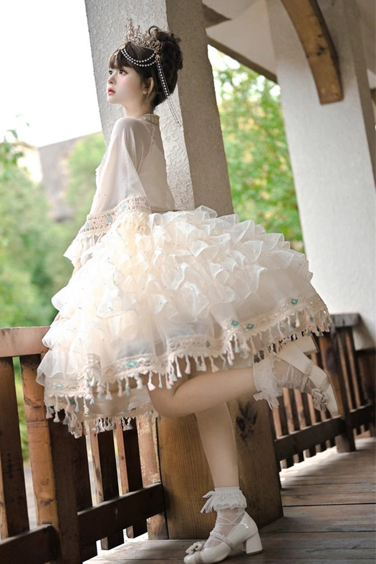 Apricot Miao Girl Multi-Layered Ruffle Bowknot Sweet Princess Lolita Chiffon Skirt Set
