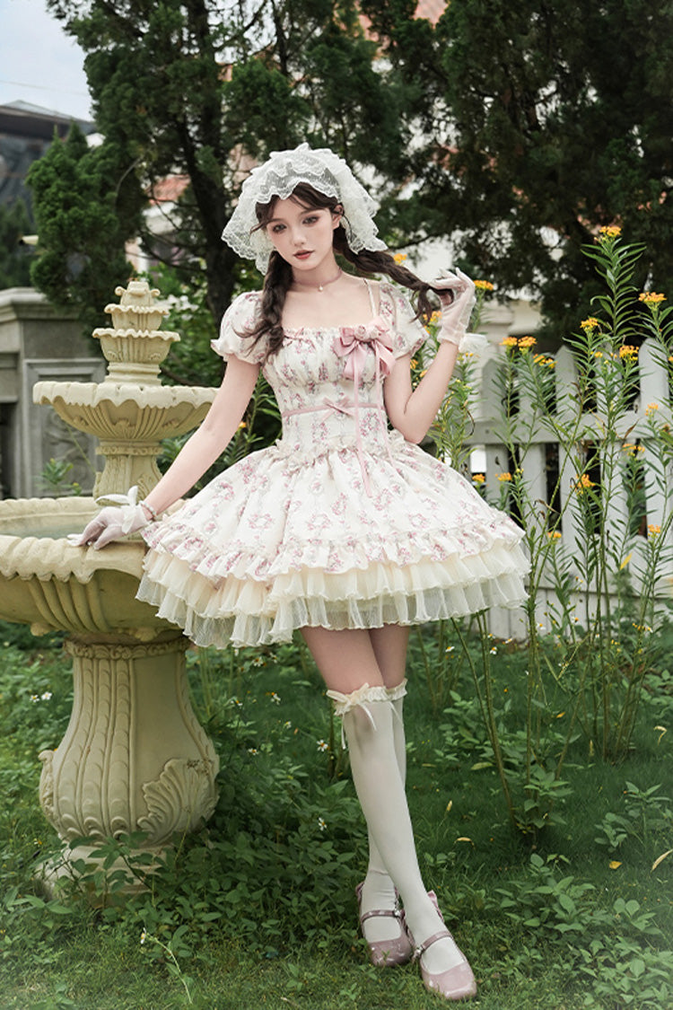 Ivory Rose After The Rain Short Sleeves Triple-Layered Print Ruffle Bowknot Lace-Up Sweet Lolita Short Dress