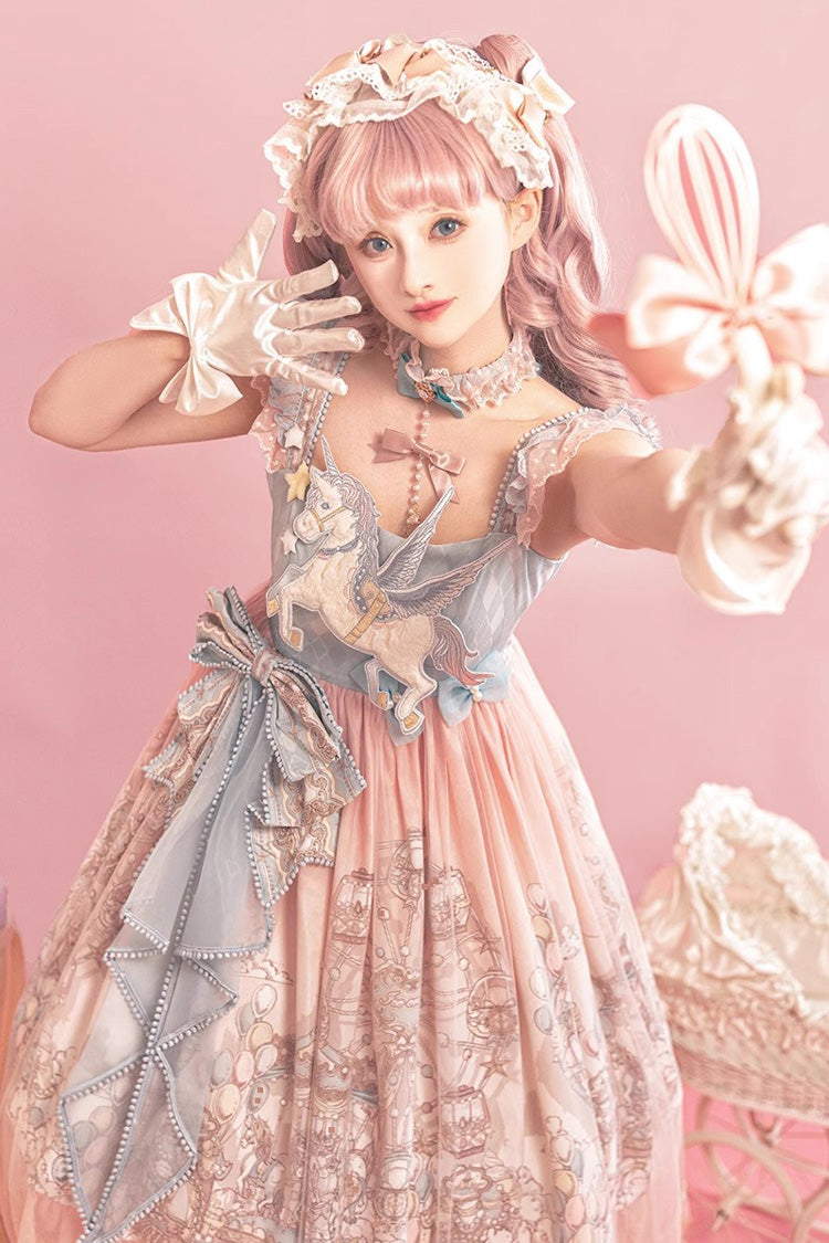 Pink Cloud Paradise Print Ruffle Embroidery Bowknot Lace Sweet Lolita Jsk Dress