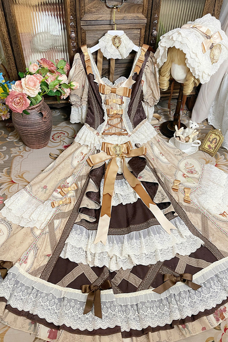 Brown Baker Street Tea Party Short Sleeves High Waisted Print Ruffle Embroidery Cardigan Bowknot Lace-Up Classic Vintage Princess Lolita Dress