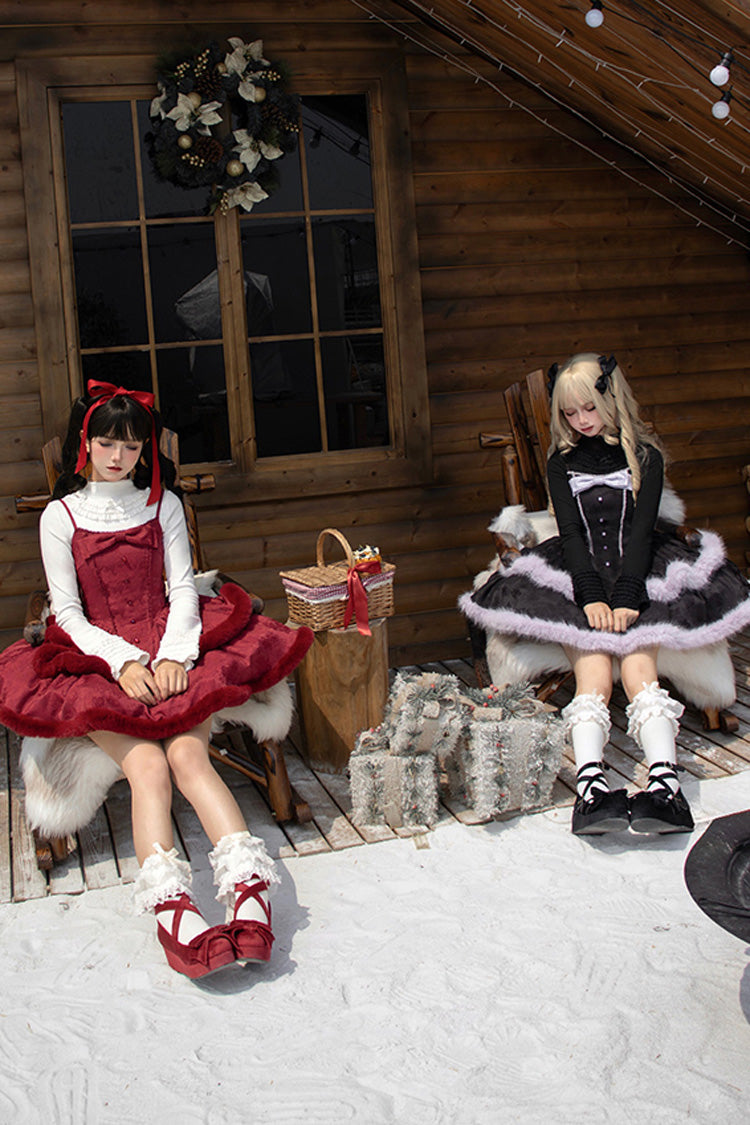 Winter's Wish Double-Layered Jacquard Bowknot Furry Sweet Lolita Jsk Dress 2 Colors