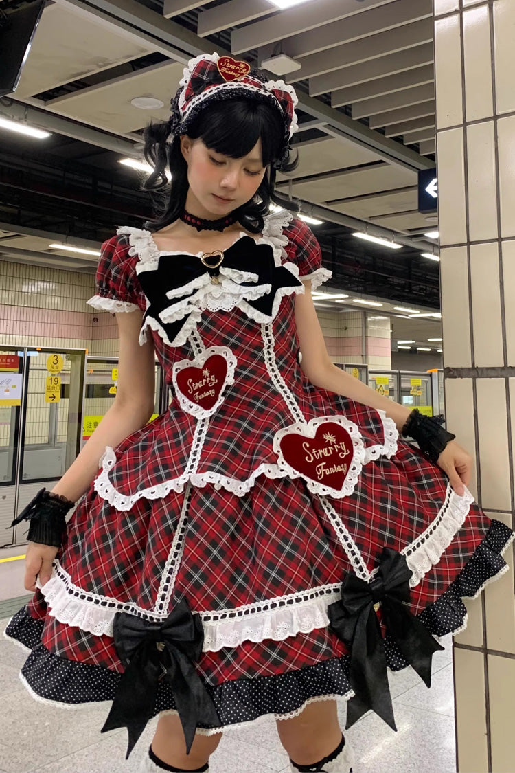 Red Shibuya Sweetheart Short Sleeves Plaid Print Ruffle Bowknot Sweet Lolita OP Dress (Plus Size Support)