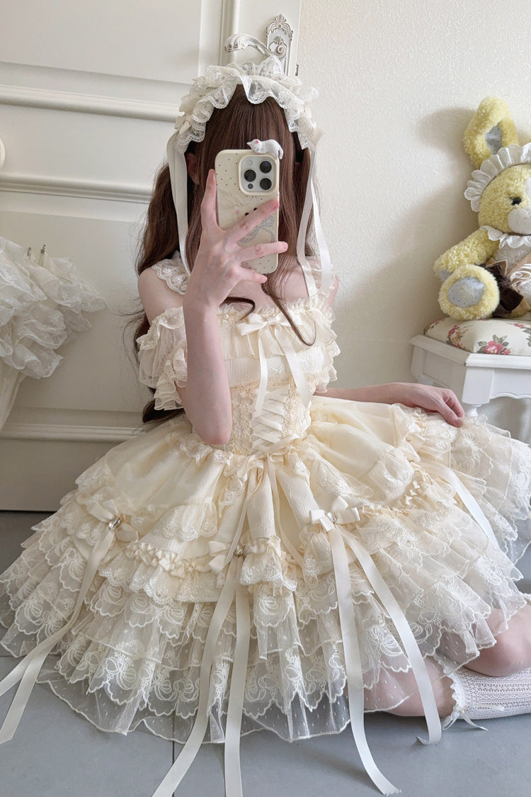 Apricot Ribbon Heart Love Sleeveless Multi-Layered Ruffle Bowknot Lace Lace-Up Sweet Princess Ballet Lolita Jsk Dress