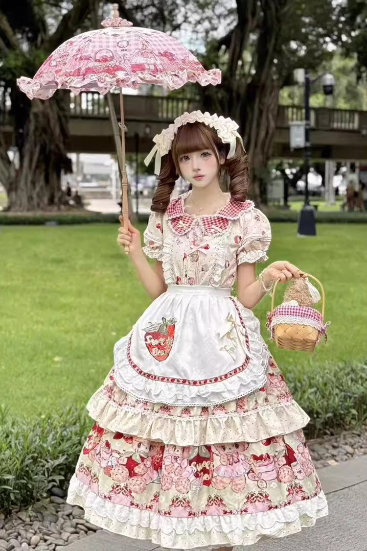 Ivory Bear Strawberry Ode Print Short Sleeves Double-Layered Ruffle Bowknot Sweet Princess Lolita Jsk Dress