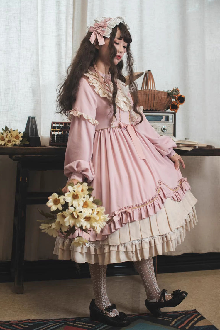 Pink Long Sleeves Ruffle Bowknot Daily Sweet Princess Lolita Dress