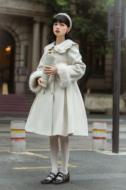 Ivory Double Breasted Bowknot Plush Long Sleeves Fake Two-Piece Woolen Lolita Coat