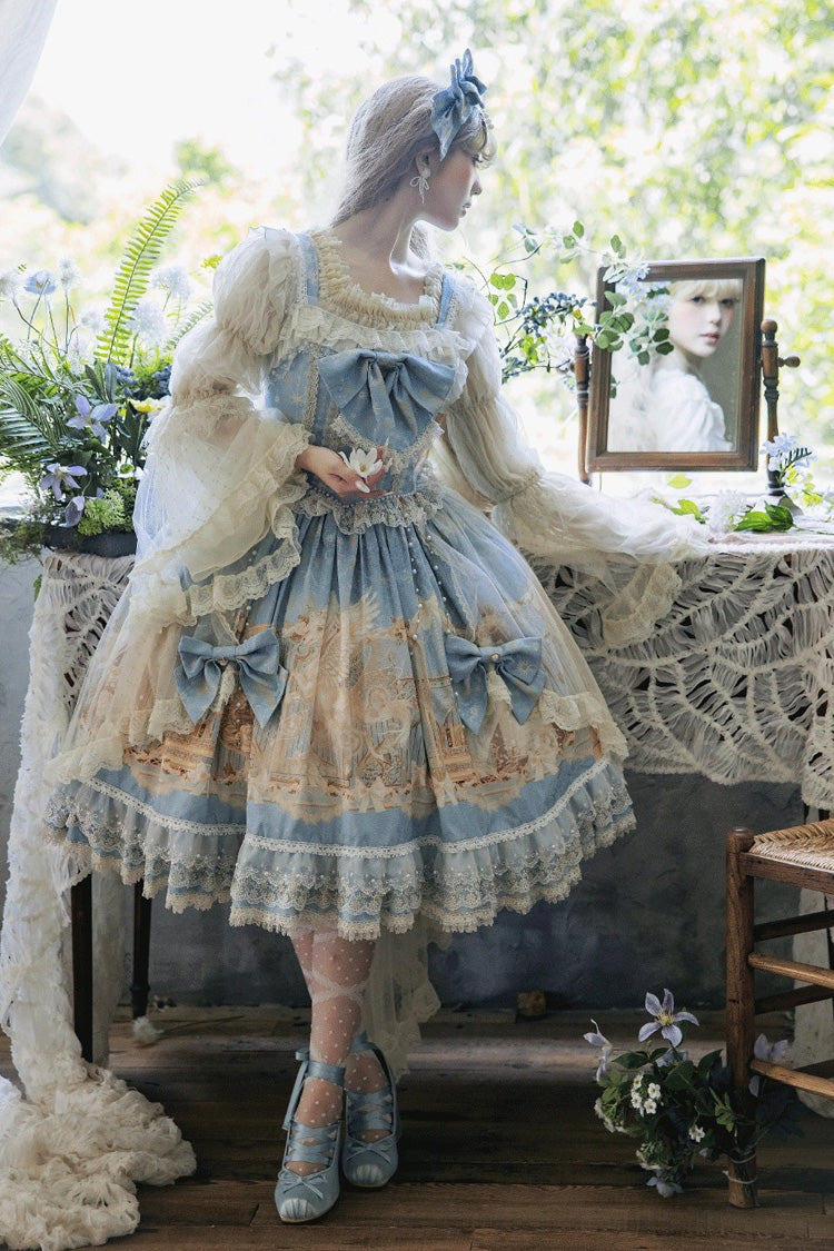 Blue Unicorn Print Sleeveless Multi-Layered Embroidery Bowknot Lace Sweet Lolita Jsk Dress