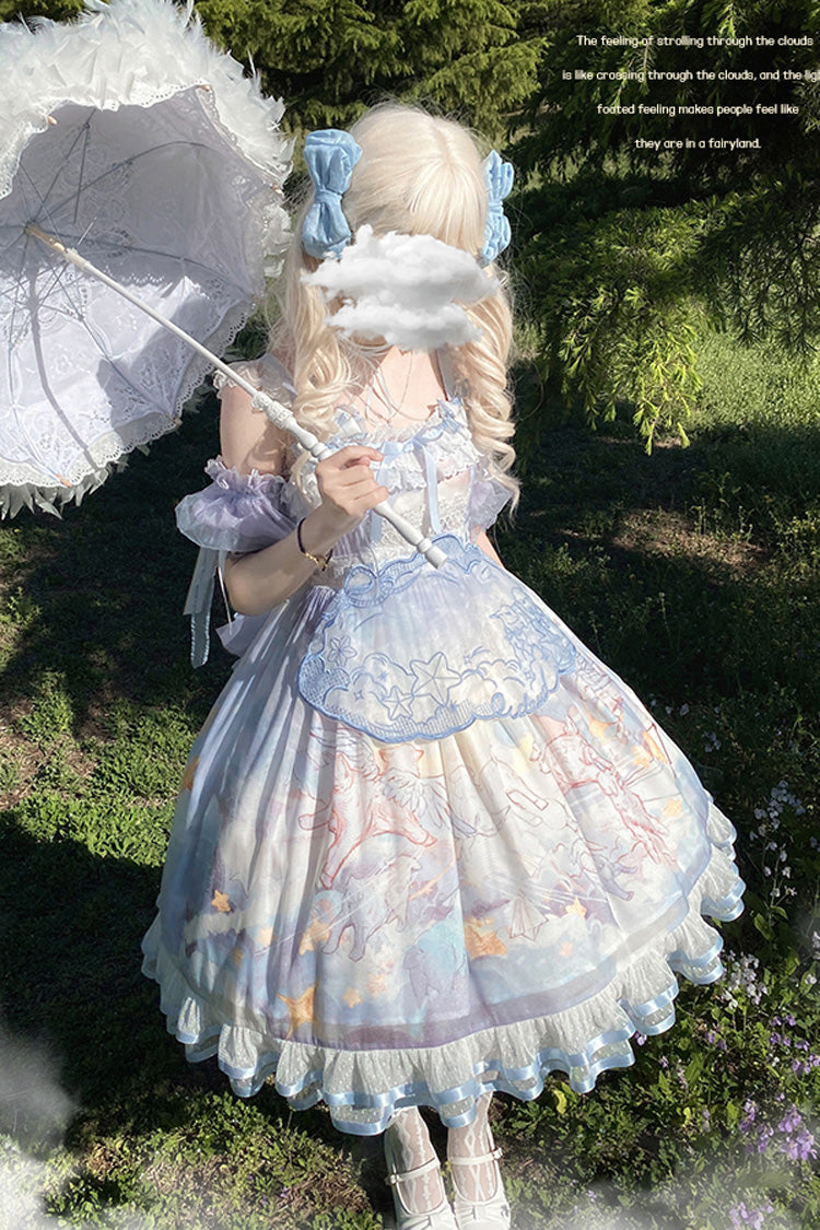 Blue Walking In The Clouds Print Ruffle Bowknot Lace Sweet Lolita Jsk Dress Full Set